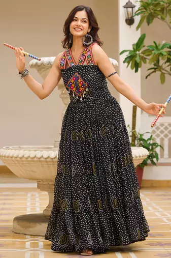 Black festive wear designer georgette gamathi work with real mirror with original codi lace  readymade suit