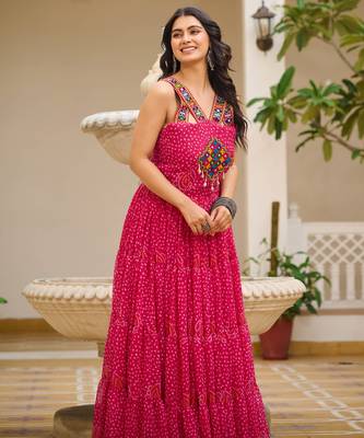 Pink festive wear designer georgette gamathi work with real mirror with original codi lace  readymade suit 4