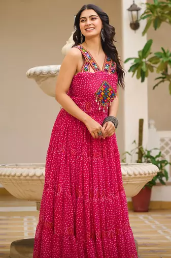 Pink festive wear designer georgette gamathi work with real mirror with original codi lace  readymade suit