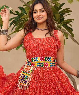 Red festive wear designer faux georgette gamathi work with real mirror with original codi lace  readymade suit 2