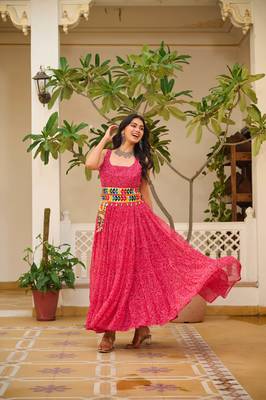 Pink festive wear designer faux georgette gamathi work with real mirror with original codi lace  readymade suit 1