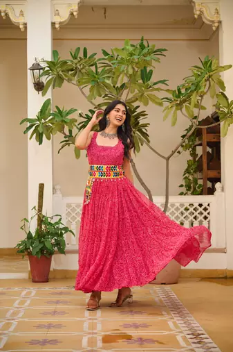 Pink festive wear designer faux georgette gamathi work with real mirror with original codi lace  readymade suit