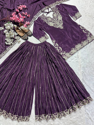 Wine festive wear designer pure heavy chinnon silk heavy embroidery coding sequence work readymade suit 4