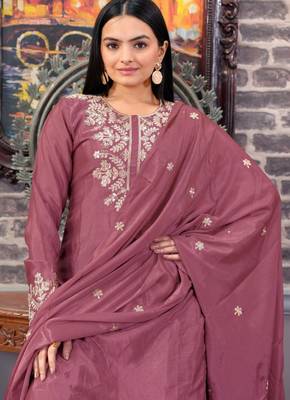 Mauve festive wear designer chinon sequence embroidery work readymade suit 3