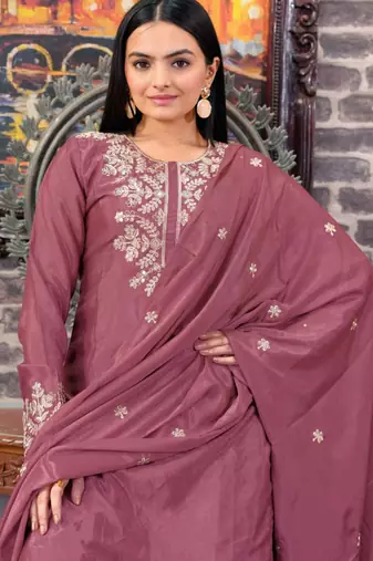 Mauve festive wear designer chinon sequence embroidery work readymade suit