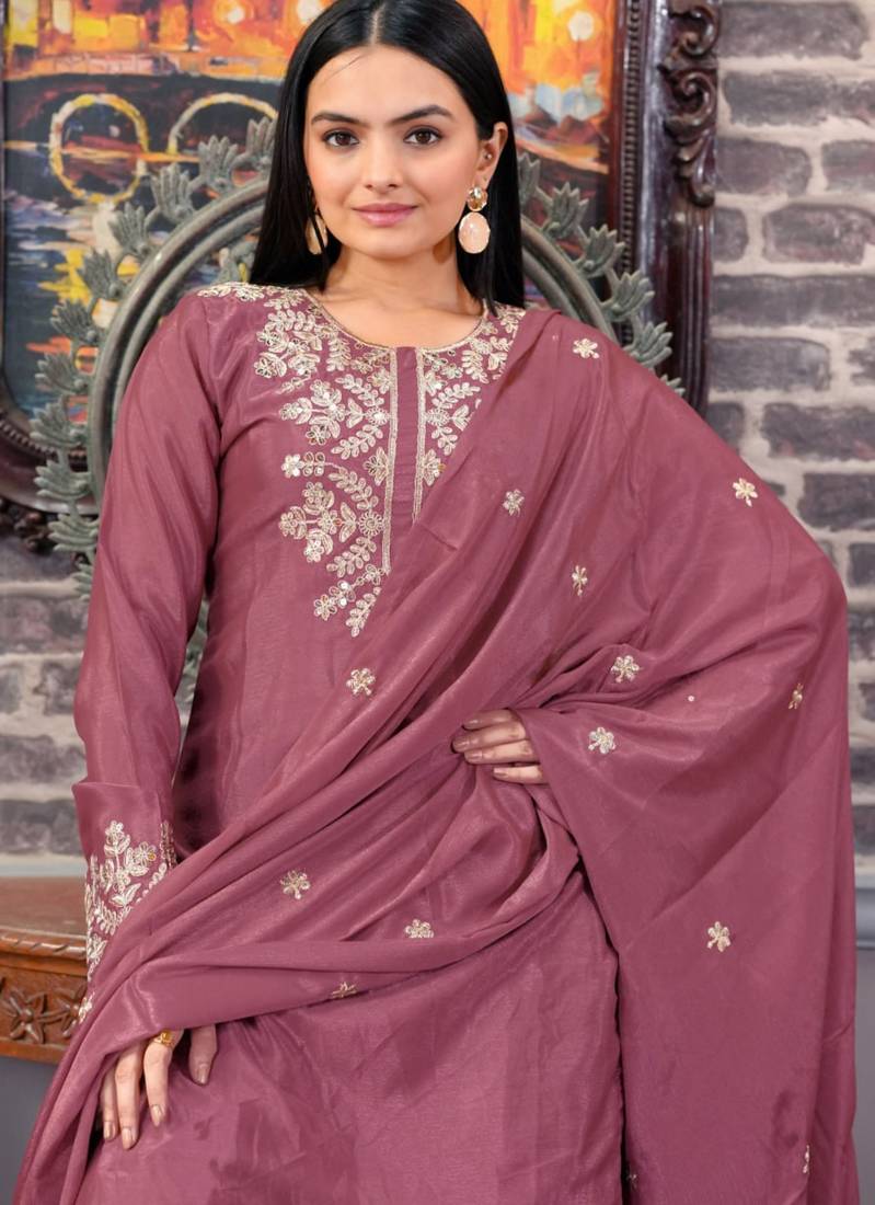 Mauve festive wear designer chinon sequence embroidery work readymade suit