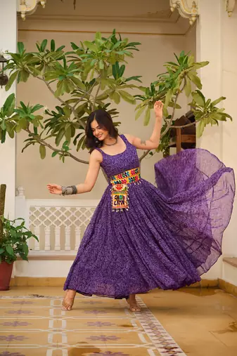Purple festive wear designer faux georgette gamathi work with real mirror with original codi lace  readymade suit