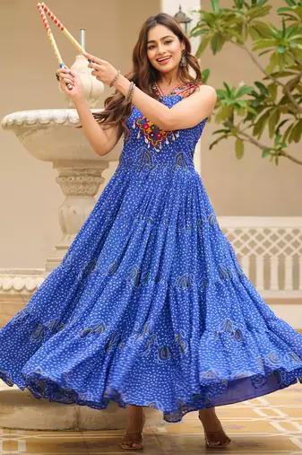 Blue festive wear designer georgette gamathi work with real mirror with original codi lace  readymade suit