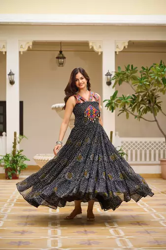 Black festive wear designer georgette gamathi work with real mirror with original codi lace  readymade suit