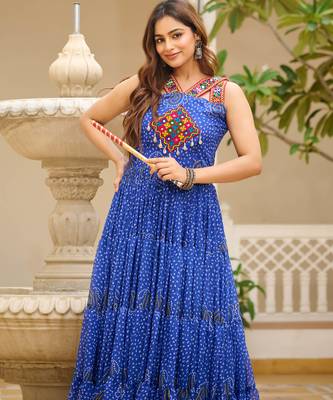 Blue festive wear designer georgette gamathi work with real mirror with original codi lace  readymade suit 4
