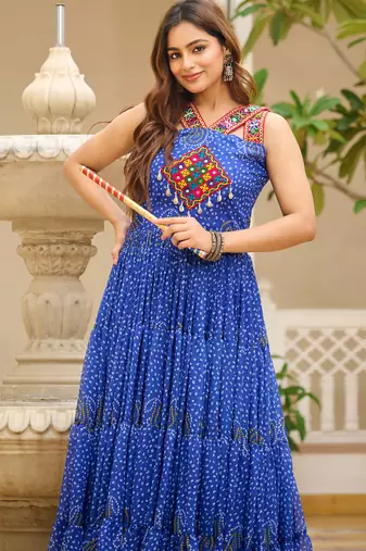 Blue festive wear designer georgette gamathi work with real mirror with original codi lace  readymade suit