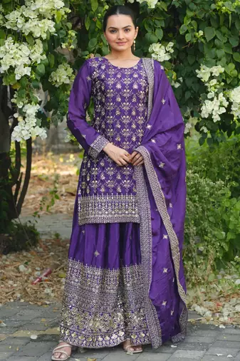 Purple festive wear designer chinon  readymade suit