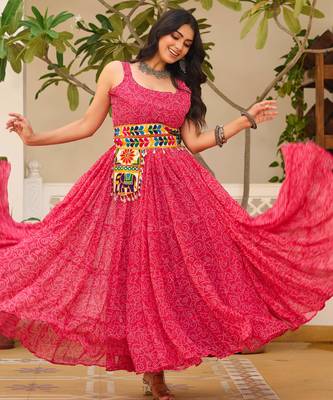 Pink festive wear designer faux georgette gamathi work with real mirror with original codi lace  readymade suit 3