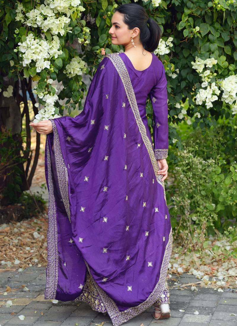 Purple festive wear designer chinon  readymade suit