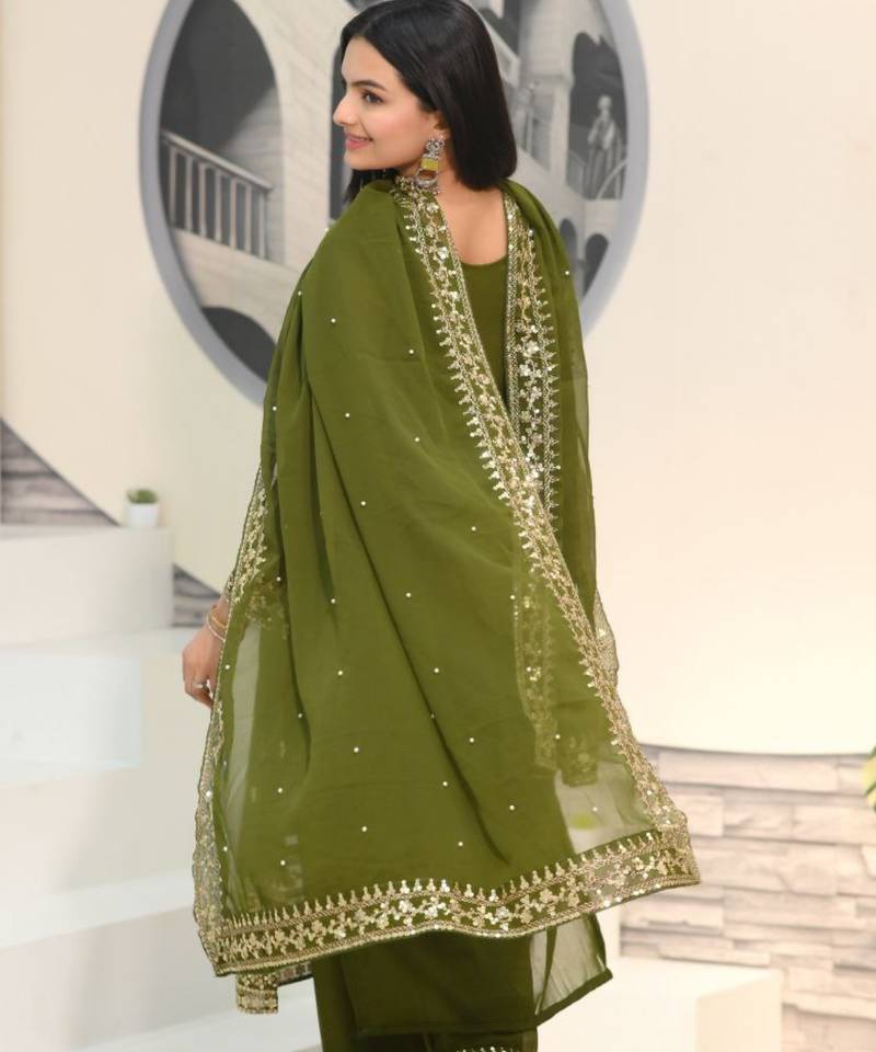 Mehndi green festive wear designer  fox georgette heavy embroidery sequence work readymade suit