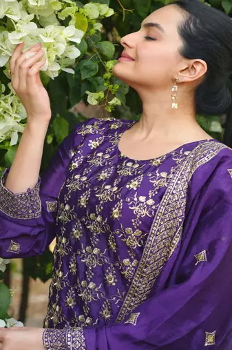 Purple festive wear designer chinon  readymade suit