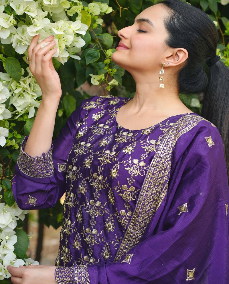 Purple festive wear designer chinon  readymade suit