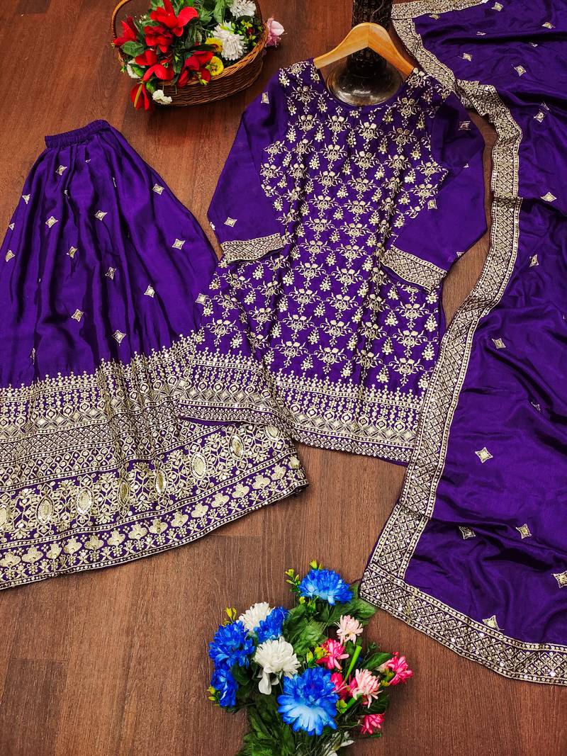 Purple festive wear designer chinon  readymade suit
