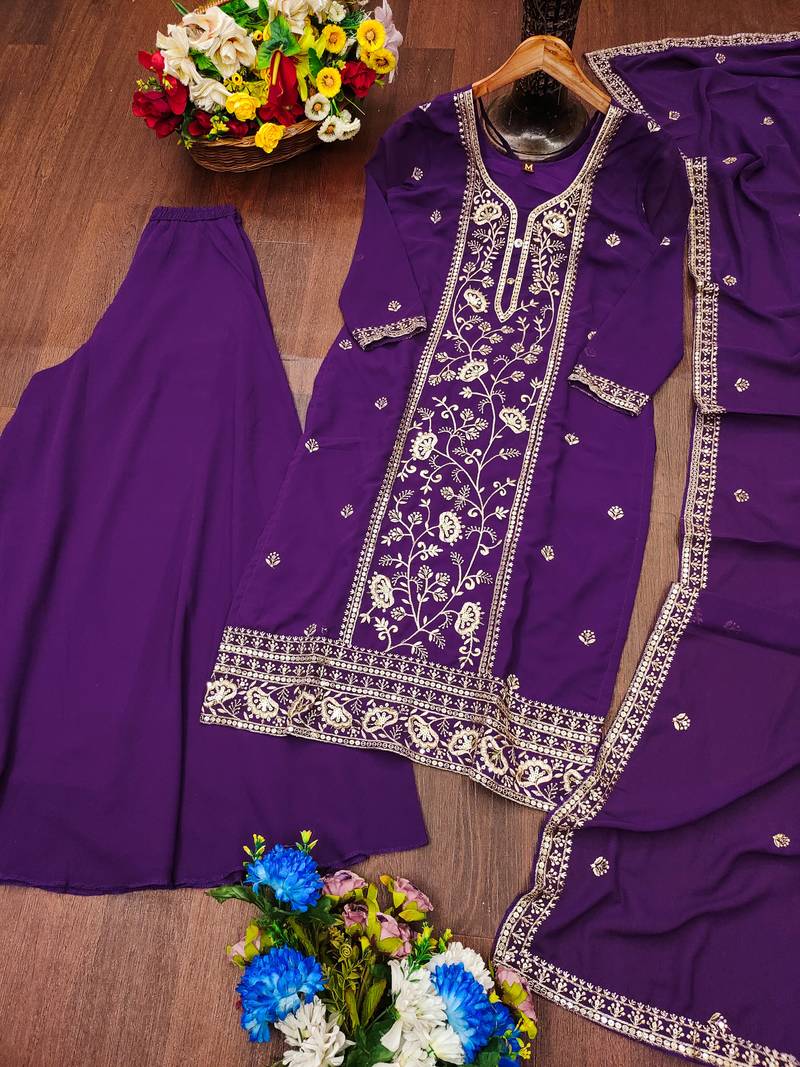 Purple festive wear designer fox georgette  readymade suit