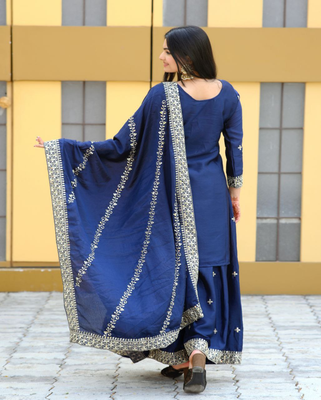 Navy blue festive wear designer chinon  heavy embroidery sequence work readymade suit 3