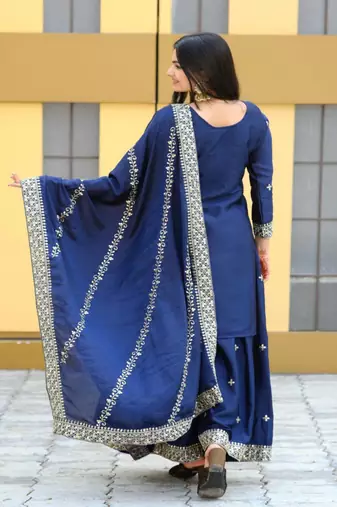 Navy blue festive wear designer chinon  heavy embroidery sequence work readymade suit