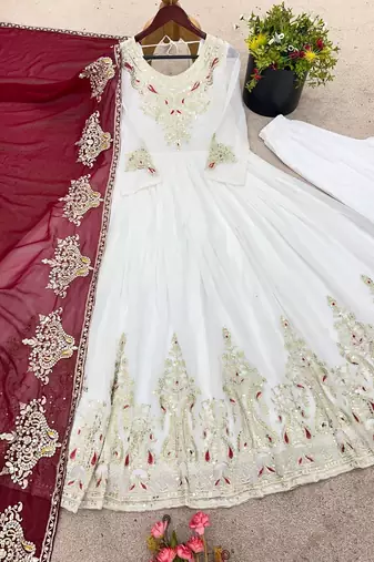 White festive wear designer heavy georgette multi thread heavy 5mm embroidery sequence work readymade suit