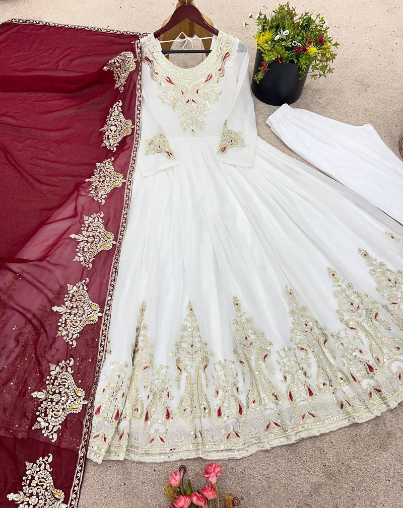 White festive wear designer heavy georgette multi thread heavy 5mm embroidery sequence work readymade suit