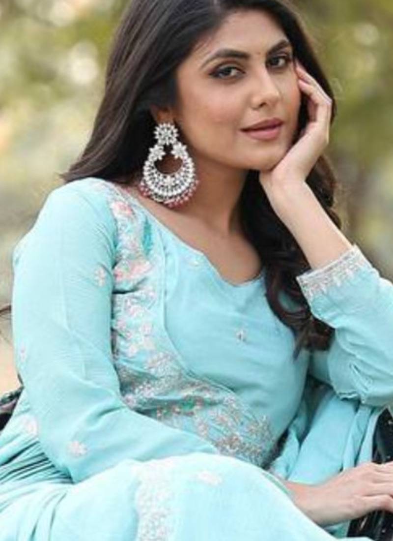 Sky blue festive wear designer pure chinon heavy sequence embroidery work readymade suit