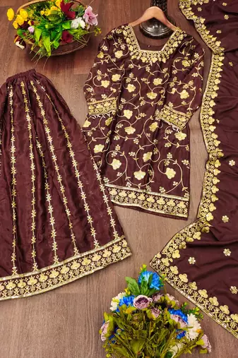 Dark brown festive wear designer chinon  readymade suit