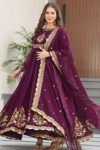 Wine festive wear designer faux blooming georgette zari thread & sequins embroidery work readymade suit