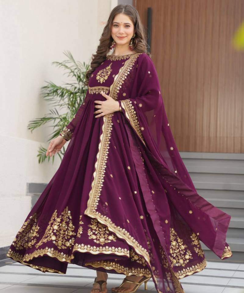 Wine festive wear designer faux blooming georgette zari thread & sequins embroidery work readymade suit