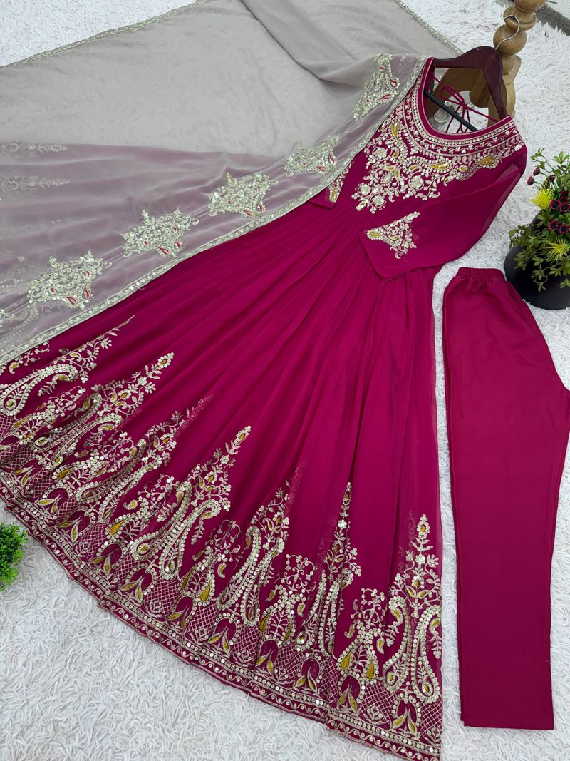 Pink festive wear designer heavy georgette multi thread heavy 5mm embroidery sequence work readymade suit