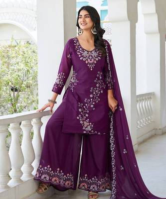 Wine festive wear designer star georgette sequence embroidery work readymade suit 2