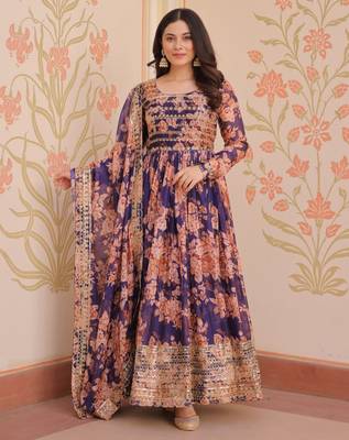 Purple festive wear designer russian silk digital print with embroidered sequence work readymade suit 1