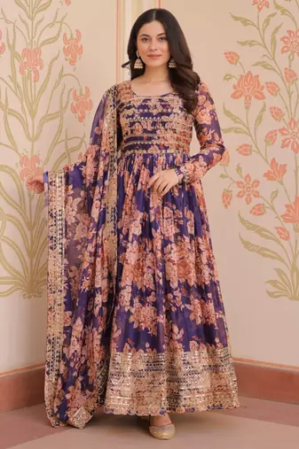 Purple festive wear designer russian silk digital print with embroidered sequence work readymade suit