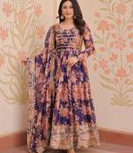 Purple festive wear designer russian silk digital print with embroidered sequence work readymade suit