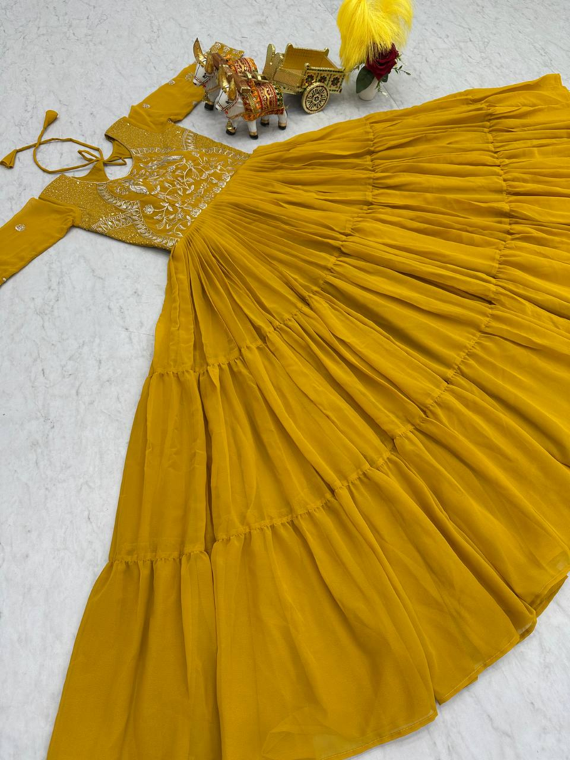 Yellow festive wear designer faux georgette heavy 3mm sequence work readymade suit