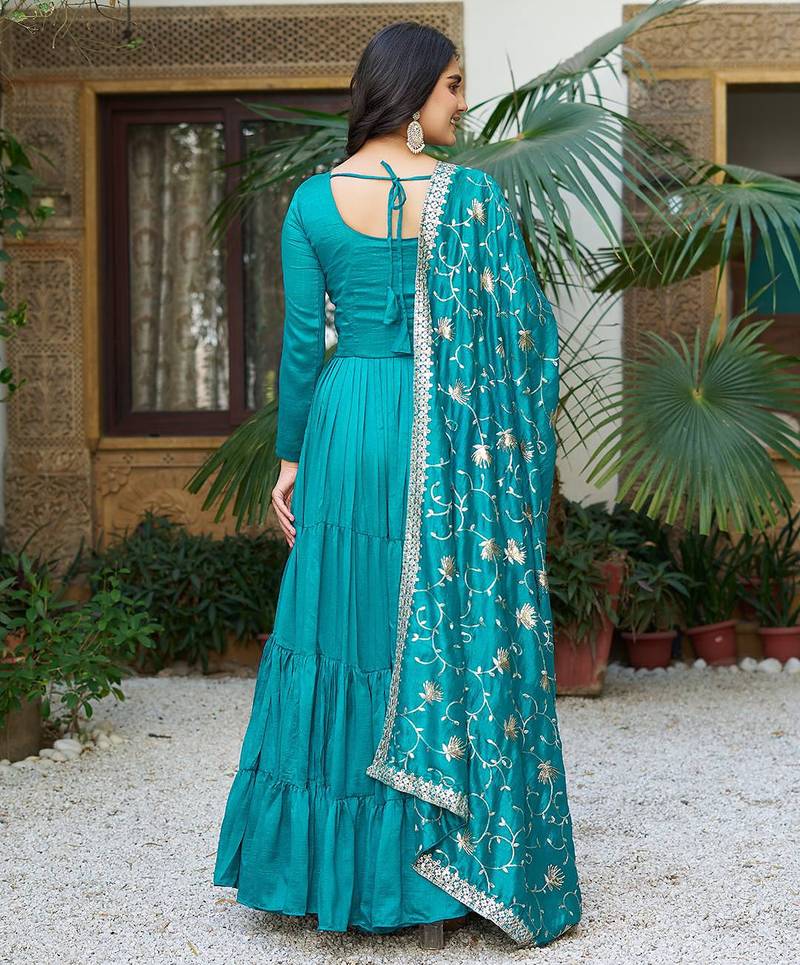 Blue festive wear designer pure vichitra silk sequins-multi & zari embroidered work readymade suit