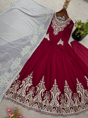 Maroon festive wear designer heavy georgette multi thread heavy 5mm embroidery sequence work readymade suit 4