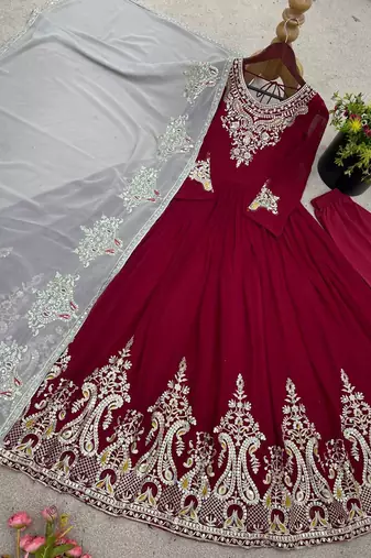 Maroon festive wear designer heavy georgette multi thread heavy 5mm embroidery sequence work readymade suit