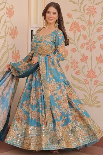 Blue festive wear designer russian silk digital print with embroidered sequence work readymade suit
