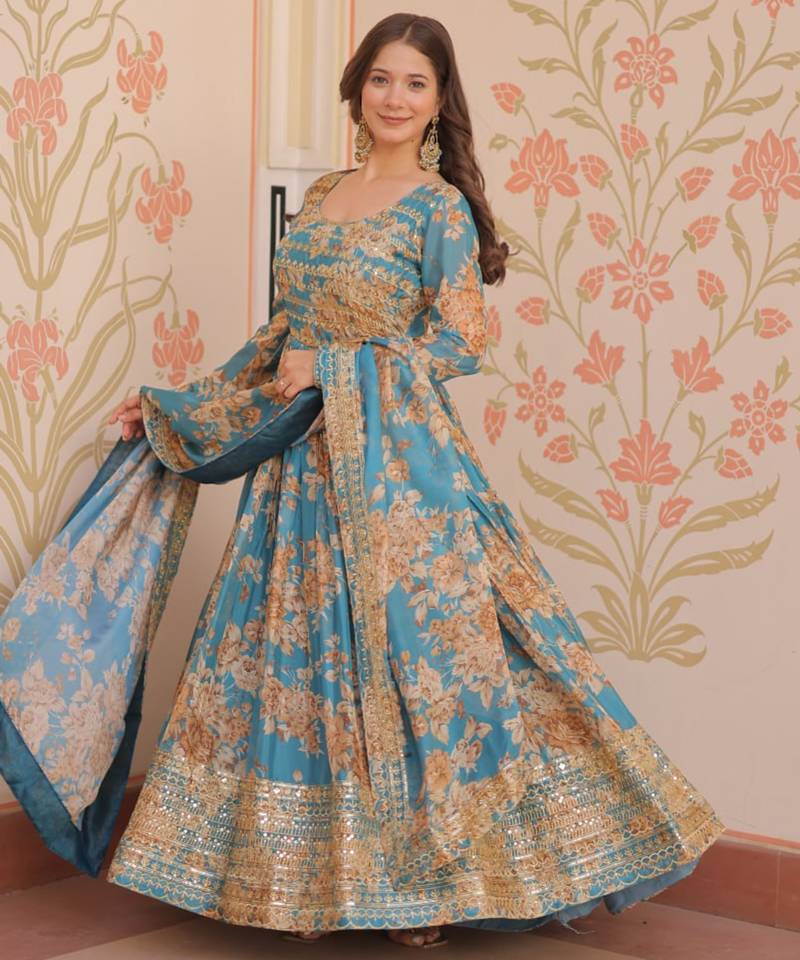 Blue festive wear designer russian silk digital print with embroidered sequence work readymade suit