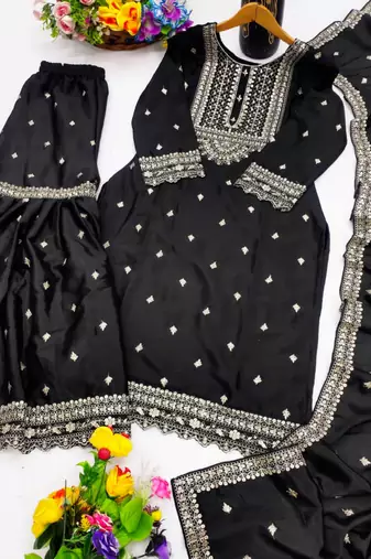 Black festive wear designer chinon sequence embroidery work readymade suit