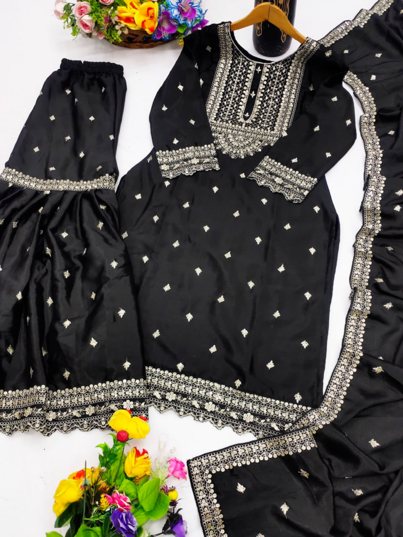 Black festive wear designer chinon sequence embroidery work readymade suit