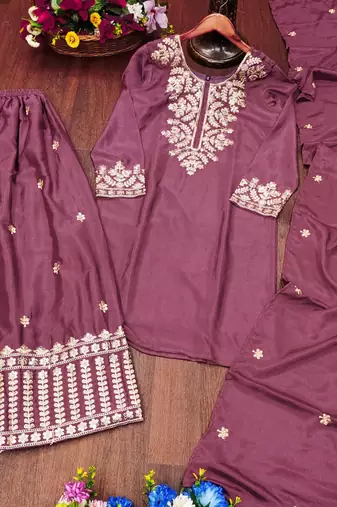Mauve festive wear designer chinon sequence embroidery work readymade suit
