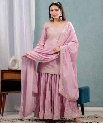 Baby pink festive wear designer pure heavy chinnon silk heavy embroidery coding sequence work readymade suit 1