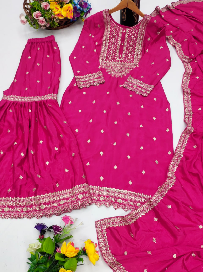 Pink festive wear designer chinon sequence embroidery work readymade suit