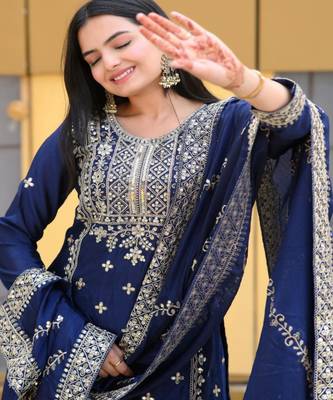 Navy blue festive wear designer chinon  heavy embroidery sequence work readymade suit 4