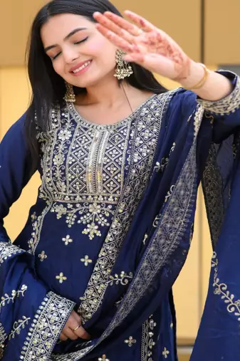 Navy blue festive wear designer chinon  heavy embroidery sequence work readymade suit