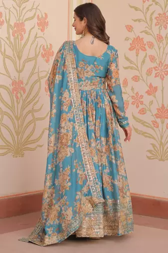 Blue festive wear designer russian silk digital print with embroidered sequence work readymade suit